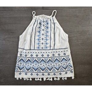 Anthropologie Skies are Blue Aztec Embroidered Tank Top Fringe Boho Large